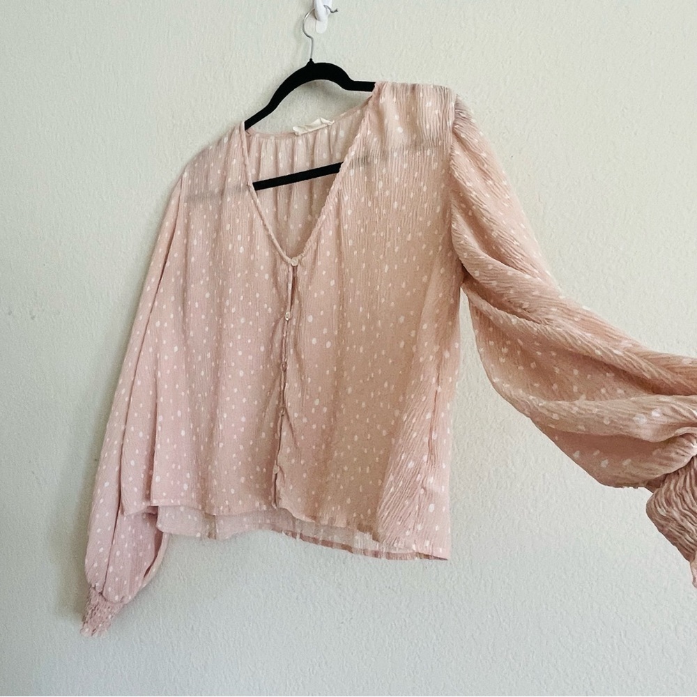 ByTogether woman’s cropped polkadot Top size S feminine gauzy chiffon pink sheer